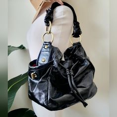 Authentic Guaranteed Like New Black Patent Leather So Cute Turnlock Side Pockets Golden Accents Rare Find Collectible 15 X 11 X 8 Inch Very Gorgeous Bag Crossover Purse, Drawstring Shoulder Bag, Coach Shoulder Bag, Purse Styles, Black Leather Handbags, Crossbody Clutch, Gorgeous Bags, Dark Brown Leather, Coach Purses