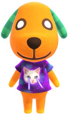 an orange stuffed animal with a purple shirt and green ears is standing in front of a white background