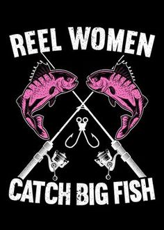 reel women catch big fish fishing t - shirt design with two pink bass on black background