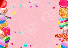 a pink background with candies, lollipops and candy canes on it