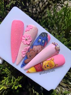 Igor Nails, Piglet Nails, Pooh Bear Nails, Eeyore Nails, Winnie The Pooh Nails, Disney Themed Nails, Bear Nails, Disney Nail Designs, Disney Acrylic Nails