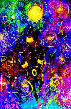 an abstract painting of a black cat with yellow eyes and stars in the night sky