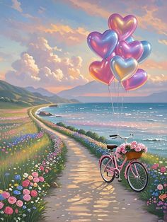 a painting of a bicycle with balloons attached to the handlebars parked on a path