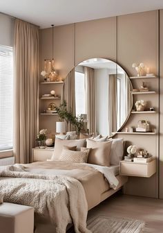 a bedroom with a bed, mirror and shelves