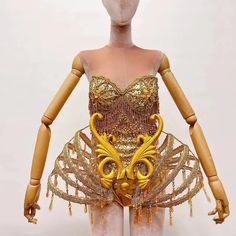 VCSHOES Gold Crystal Catsuit Tube Top Beads Bodysuit Dress Stage Performance Bling DressesGolden Fishbone Conjoined Bodysuit Dress, Stage Performance, Fish Bone, Gold Crystal, Catsuit, Tube Top, Beads, Crystals