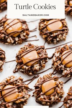 chocolate turtle cookies with caramel drizzle on top and text overlay that says turtle cookies