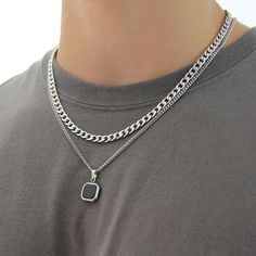 Silver Necklace Set for Men : Black or White Square Pendant Necklace and 6mm Curb Chain - Necklace Set - Boutique Wear RENN Everyday Black Chain Link Necklace, Black Cuban Link Chain Necklace Gift, Black Curb Chain Necklace For Everyday, Black Metal Curb Chain Necklace, Everyday Black Curb Chain Necklace, Everyday Black Link Chain Necklace, Everyday Black Box Chain Necklace, Black Cuban Link Stainless Steel Chain Necklace, Black Curb Chain Necklace Gift