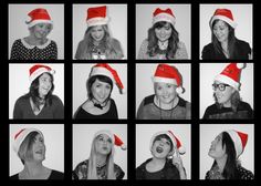 black and white photograph of women wearing christmas hats with different expressions on their faces, all smiling