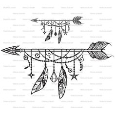 a black and white drawing of an arrow with feathers hanging from it's side