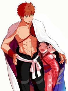 an anime character with red hair and no shirt