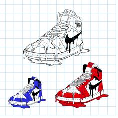 three different colored sneakers are shown on a gridded paper background, one is blue and the other is red