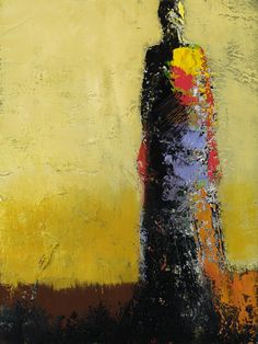 an abstract painting of a woman with flowers in her hand, standing against a yellow background