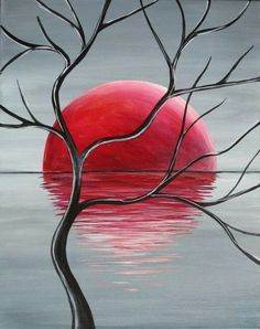 a painting of a red ball in the middle of water with tree branches sticking out of it