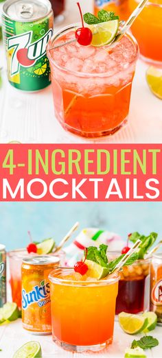 four ingredient mocko cocktails with lime and cherries