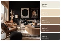 a living room with black walls and white furniture in shades of brown, beige, and grey