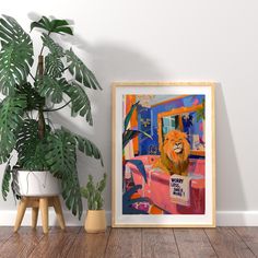 a painting on the wall next to a potted plant with a lion in it