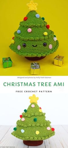 crocheted christmas tree amigurt pattern is shown in two different colors and sizes