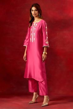 Fuchsia pink silk chanderi kurta with floral pattern, multi color resham, beads, cut dana, sequin embroidered yoke and bell sleeves. Paired with straight pant. - Aza Fashions Elegant Pink Pants For Eid, Traditional Pink Pants For Festive Occasions, Traditional Pink Pants For Wedding, Festive Pink Pants With Resham Embroidery, Pink Pants For Wedding Eid Festival, Pink Embroidered Festive Pants, Festive Pink Embroidered Pants, Festive Embroidered Pink Pants, Pink Festive Pants