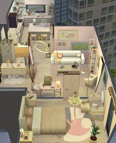 an aerial view of a bedroom and living room