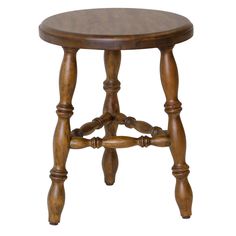 a small wooden table with two legs and a round top on an isolated white background