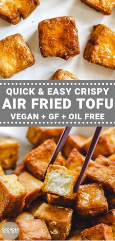 an image of air fried tofu with chopsticks in it and text overlay that reads quick & easy crispy air fried tofu