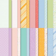 an assortment of pastel papers with polka dots, stripes and lines in different colors