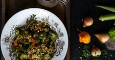 a white plate topped with green vegetables next to other fruits and vegtables