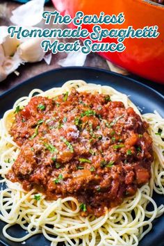 the easyest homemade spaghetti meat sauce on a black plate