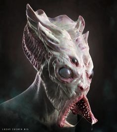 an alien creature with its mouth open and teeth wide open, in front of a dark background