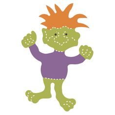 a green monster with orange hair and purple shirt is standing in the middle of his body