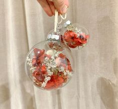 someone holding two ornaments in their hand with snowflakes on them and red berries hanging from the top