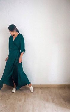 Lily Hunter Minimalist Dress Simple Wedding Dress Wrap | Etsy Flowy Wrap Dress For Fall, Green Surplice Neckline Dress For Work, Green Surplice Neckline Dress With Tie Waist, Green Dress With Tie Waist And Surplice Neckline, Green Midi Dress With Tie Waist And Surplice Neckline, Flowy Belted Maxi Dress For Brunch, Green Flowy Dress With Surplice Neckline, Flowy Belted Dress For Date Night, Green Flowy Midi Dress For Work