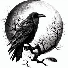 a black crow sitting on top of a tree branch in front of a full moon