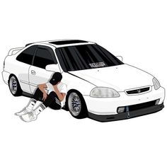 a drawing of a woman sitting on the ground next to a white car with its hood up