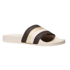 Michael Kors Brandy Metallic Striped Logo Slide Mfsrp: $85.00 These Brandy Slide Sandals Will Elevate Looks From Leisurely To Luxe. Signature-Print Canvas Combines With Smooth And Metallic Accents For Statement-Making Effect, While A Molded Footbed Provides Day-Long Comfort. Wear Them With Casual-Cool Separates On The Weekend. Slide Sandal Logo-Print Canvas 89.4% Coated Canvas/9.6% Polyester/1% Polyurethane Sole: Rubber Open Toe Slip On Imported Brand New Without Box Michael Kors Slides, Comfort Wear, Signature Print, Metallic Accents, Slide Sandals, Logo Print, Women's Shoes Sandals, The Weekend, Brandy