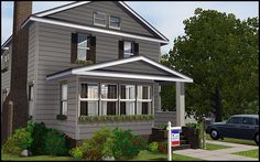 a drawing of a two story house with a car parked in front of the house