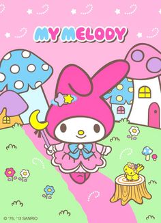 an image of hello kitty with mushrooms and mushroom houses in the background on a pink plate