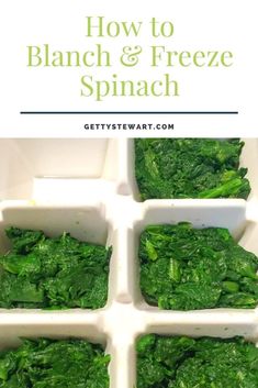 how to banch and freeze spinach in ice cubes with text overlay that reads how to banch and freeze spinach