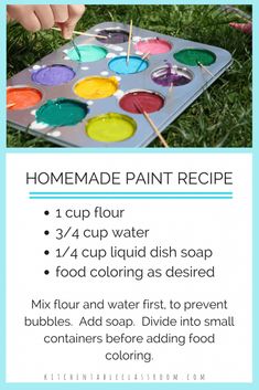 the homemade paint recipe for kids to use in their art project, including watercolors and