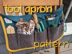 "Keep all your tools handy with this easy-to-make tool apron!  I first made this for working in the garden, and loved it so much that I keep making more of them. It's packed full of useful pouches and pockets of various sizes to keep everything organized and within arm's reach.  It's perfect for yardwork, crafting, cleaning, DIY projects, repairs, and honestly anything else you can think of. Sometimes my husband jokes that I should just wear one all the time to keep track of my phone and essentials since I'm always losing them :) This pattern comes as a digital download with a detailed step-by-step photo tutorial of how to make it. No printing required! All pattern pieces are rectangular, so all you will need to do is measure simple rectangles and you're good to go. Required materials and Husband Jokes, Teacher Apron, Utility Apron, Tool Apron, Apron Sewing, Cleaning Diy, Diy Apron, Pouch Diy, Apron Sewing Pattern