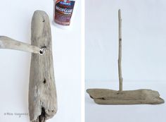 two pictures side by side, one with a piece of driftwood and the other with a bottle of glue