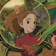 a girl looking at herself in a mirror with plants around her and an animal on the other side