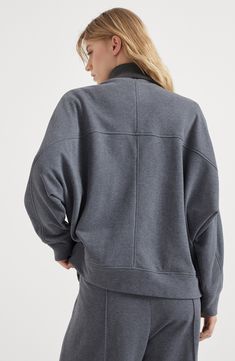 Thanks to the excellence of the natural fiber, the pure cotton Smooth French terry showcases a soft, comfortable texture. Two-way zip closure Funnel neck Unstructured shoulder Hand pockets Wide sleeve Nickel-free monili decoration Athleisure Sweatshirt With Funnel Neck And Ribbed Cuffs, Athleisure Sweater With Ribbed Cuffs And Funnel Neck, Athleisure Funnel Neck Sweatshirt For Layering, Funnel Neck Outerwear With Ribbed Cuffs For Loungewear, Modern Fall Sweatshirt For Loungewear, Modern Sweatshirt With Ribbed Cuffs For Loungewear, Modern Relaxed Fit Sweater For Loungewear, Cozy Sweatshirt With Ribbed Collar For Layering, Modern Winter Loungewear Sweatshirt