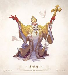 a painting of a woman holding a cross and two birds flying around her, with the words bishop written below it