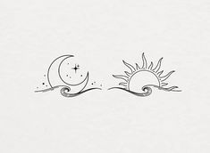 the sun and moon are drawn in black ink on white paper, with waves coming from them