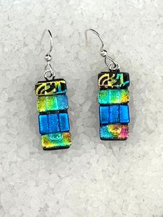 Nickel-free Multicolor Rectangular Earrings, Multicolor Glass Drop Earrings, Multicolor Cadmium-free Earrings For Gift, Nickel-free Multicolor Glass Earrings, Iridescent Czech Glass Earrings For Gift, Adjustable Multicolor Glass Earrings, Multicolor Glass Earrings For Party, Party Earrings In Multicolor Glass, Party Glass Multicolor Earrings