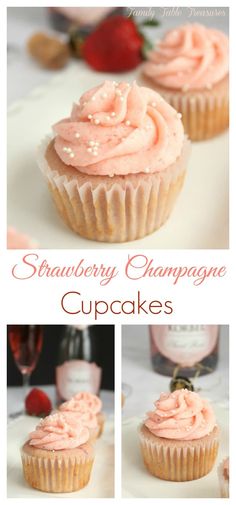 strawberry champagne cupcakes with pink frosting and strawberries