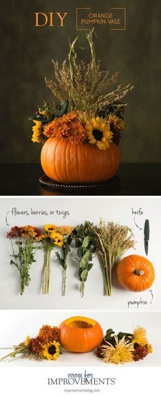 an arrangement of flowers and pumpkins is shown in three different pictures, one with the words diy on it