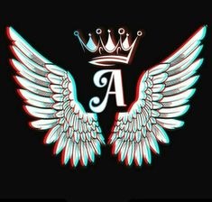 two wings and a crown with the letter f in it's center on a black background