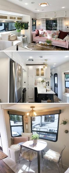 the interior and exterior of a mobile home with living room, kitchen, dining area